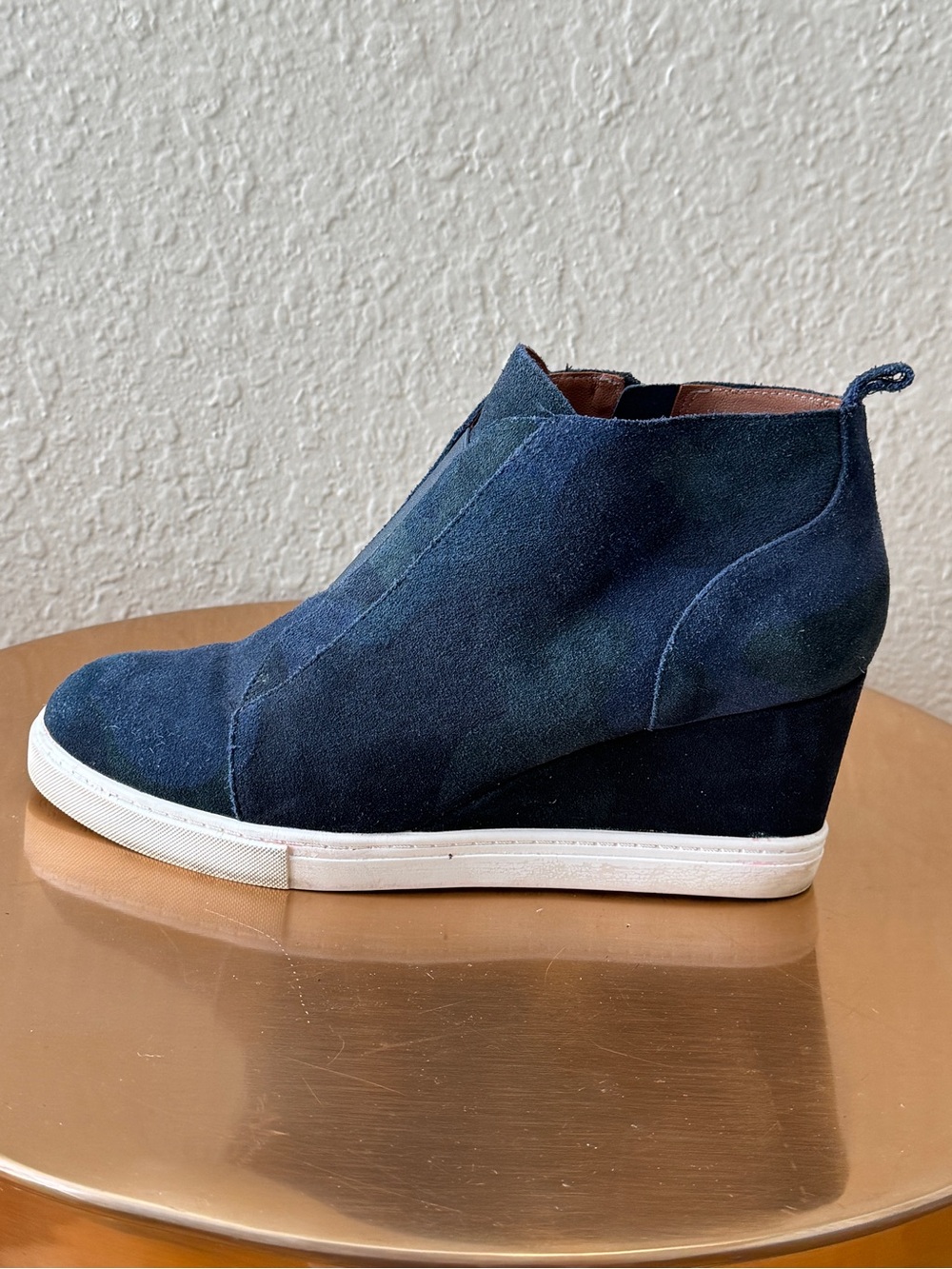 Linea Paolo Felicia Suede Wedge Sneaker Booties – Navy Blue Camo